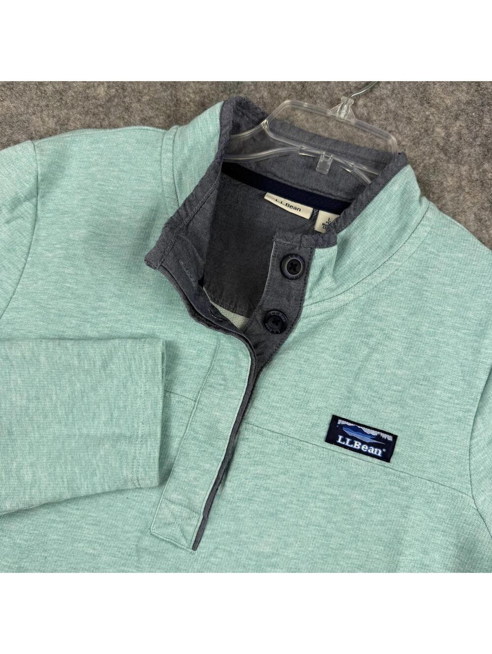 LL Bean Women’s 1/4 Button Pullover French Terry Mint Green Gray Large Petite